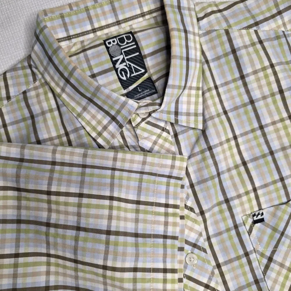 Billabong Men’s M White Olive Green Brown Blue Plaid Shirt SS Button Down
